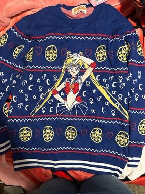 Navy Sailor Girl Novelty Knit Sweater with Red & Yellow Accents